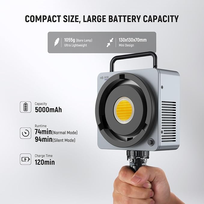 NEEWER 80W LED Video Light with 72Wh Battery & 100W PD Adapter APP/2.4G Control Portable Bi Color Mini COB Studio Continuous Output Lighting 25500lx/1m 2700-6500K 0-100% Dimming CRI95+ 13 Scene, HB80B - Image 5