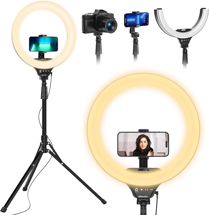UBeesize 14'' LED Foldable Ring Light with 62'' Tripod Stand, Selfie Ring Light for Video Recording, Live Streaming, TikTok & YouTube, Compatible with iPhone & Android (Black) by UBeesize