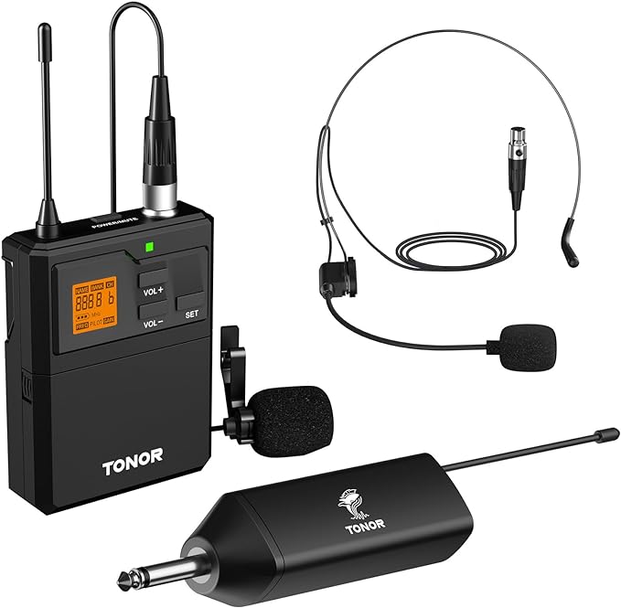 TONOR UHF Wireless Microphone System, 1 Set of Bodypack & Lavalier Mic | UHF Headset Lapel Mic, Rechargeable Receiver, 15 Channels 60 m/200ft Range 1/4" Output for Teaching, Recording ,Tour Guide by TONOR