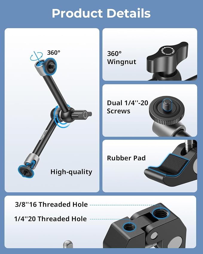 SMALLRIG Magic Arm Clamp w/ 1/4 and 3/8 Thread Holes, 9.8 Inches Adjustable | Articulating Magic Arm with Phone Holder for Action Cameras, Smartphones, LCD Monitor/LED Lights - 5326 - Image 2