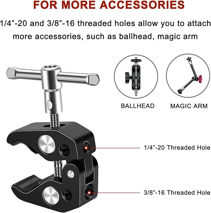 Super Clamp Mount with 5 x 1/4" & 3/8" Threaded Holes – Versatile Camera Clamp for Tripods, Umbrellas, Lights, Shelves, Glass, & More - 2 Pack - Image 6