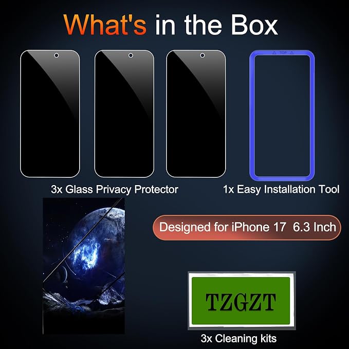 TZGZT Privacy Screen Protector for iPhone 17, Tempered Glass, Case Friendly | 3 Pack, 9H+ Military Grade Shatterproof, Anti-Scratch, HD, Easy Installation, Bubble Free, Dynamic Island Compatible - Image 2