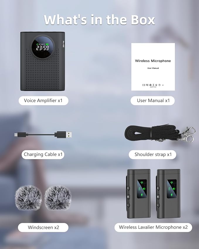 S67 Rechargeable Voice Amplifier Wireless Microphone Dual for Teachers Classroom, Mini Lavalier Lapel Mic Clip Magnetic, Bluetooth Speaker with LED Display for Class, Tour Guide, Coaches, Black - Image 7