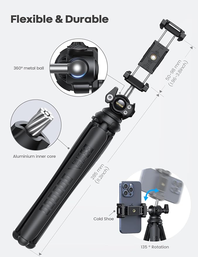 Lamicall Tripod for iPhone with Wireless Remote 8-Strand Aluminum Core | Flexible Silicone Legs, Heavy-Duty Phone Stand with 1/4'' Screw & Cold Shoe for iPhone Pocket 3/4 Samsung GoPro DSLR Camera - Image 7