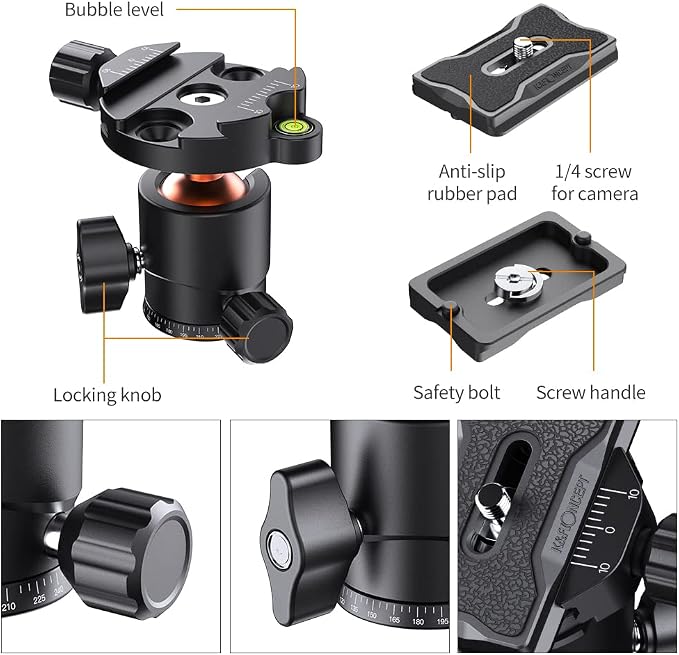 K&F Concept 25mm Metal Tripod Ball Head 360 Degree Rotating Panoramic with 1/4 inch Quick Release Plate Bubble Level for Tripod Monopod Slider Camera Camcorder up to 18 pounds/8 kilograms BH-25 | 360 Degree Rotating Panoramic, 1/4 inch Quick Release Pl... - Image 6
