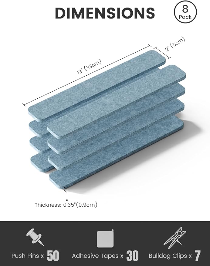 Fluxynara 13" x 2" Felt Wall Panels, Dusty Blue | 8-Pack Includes 50 Push Pins and Adhesive Tabs for Photos, Notes and Decor in Bedroom Doors, Home Office or Studios - Image 2