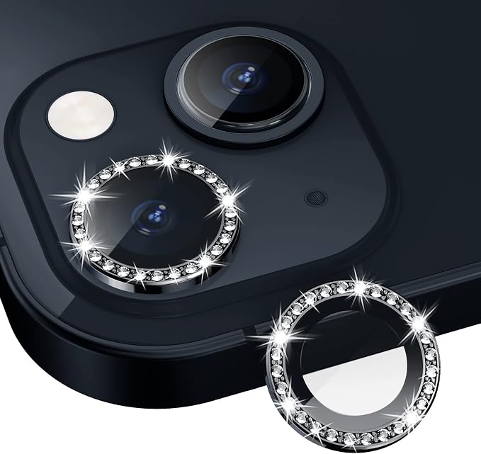 for iPhone 13/13 Mini Camera Lens Protector Bling Diamond, Black | Individual Metal, 9H Hardness, Scratch Resistant, Shockproof, Drop Protection, Case Friendly, Stylish Accessories by Xfilm