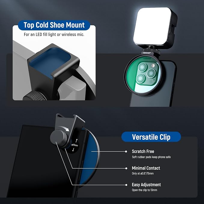 NEEWER 67mm Black Diffusion 1/4 Filter for Mist Cinematic Effect & Cold Shoe Phone Clip, Pouch & Lens Cleaning Cloth, Compatible with iPhone 17 16 16e 15 Pro Max Android Samsung Galaxy S26 Ultra - Image 5