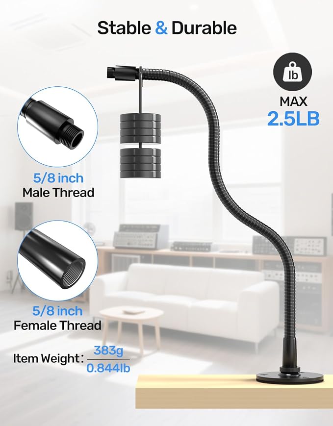 19" Flexible Microphone Gooseneck, 5/8 Thread, Max 2.5 lb Load, Heavy Duty | Gooseneck Mic Arm Extension, Durable Aluminum Alloy, 5/8 Male and Female Thread for DIY, Podcast, Studio, Podium, Black - Image 2