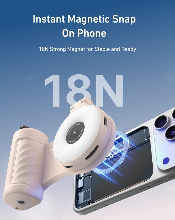 TELESIN Ultra-Slim Phone Camera Grip with RGB 360° Selfie Light & Mirror | Enhance Zoom Fun Shot 18N Strong Magnet Grip for iPhone/ Android Native Camera Control, No Need App for iOS26/17/18, 1/4 Nut - Image 3