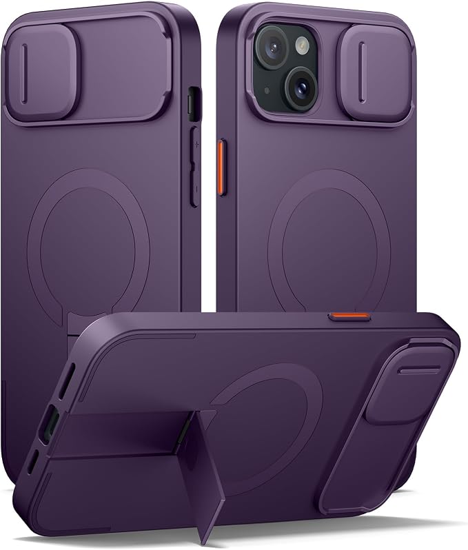 SURITCH for iPhone 14 Plus/15 Plus Case with Magnetic Camera Slide Cover and Adjustable Kickstand, Compatible with MagSafe, Shockproof Bumper Case Slim Protective Cover 6.7 Inch, Dark Purple by SURITCH