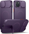 SURITCH for iPhone 14 Plus/15 Plus Case with Magnetic Camera Slide Cover and Adjustable Kickstand, Compatible with MagSafe, Shockproof Bumper Case Slim Protective Cover 6.7 Inch, Dark Purple by SURITCH
