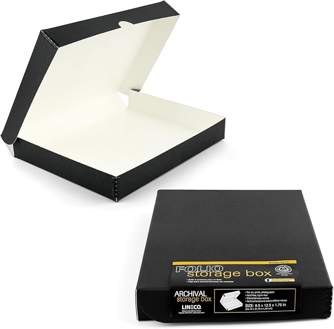 Lineco Clamshell Archival Storage Box, 9.5x12.5x1.75 Inch, Black, Pack of 2 | Acid-Free with Metal Edge Boxboard, Organize and Store Photos Documents Cards Negatives Magazine Prints Family Records DIY by Lineco