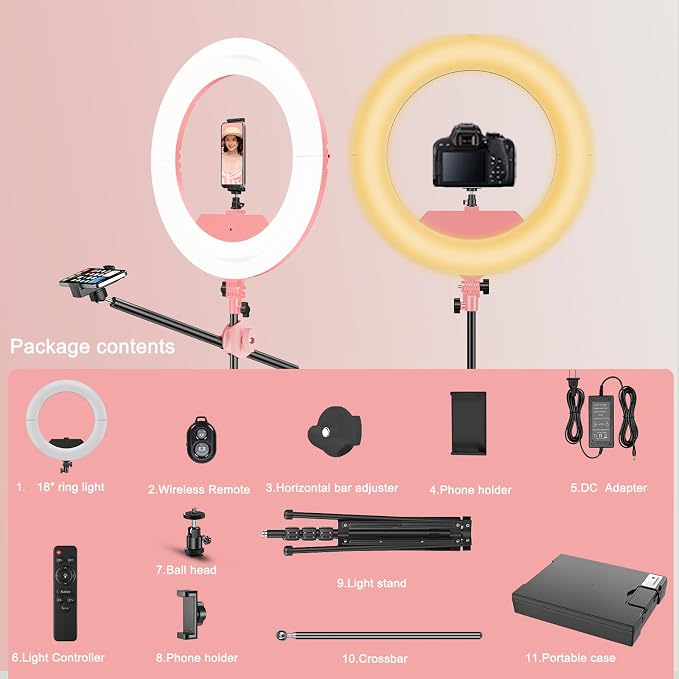 55W18 45cm Ring Light Kit [New Version] 6700K Dimmable LEDRinglightTripod Stand Dual Phone Holder for iPhone Selfie Makeup LashTattoo Studio Lighting Painting,Photo Video Recording (Pink) - Image 7