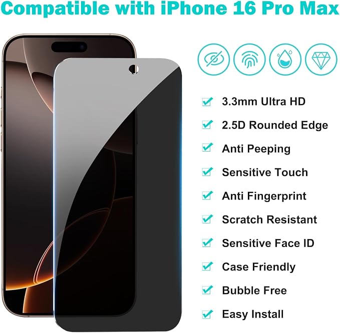 PEHAEL for iPhone 16 Pro Max Privacy Screen Protector+Camera Lens Protector | 3+3 Pack, Installation Frame, Cleaning kits, Anti-Spy Private, Anti-Scratch, 9H Tempered Glass, Case Friendly, [6.9 inch] - Image 2