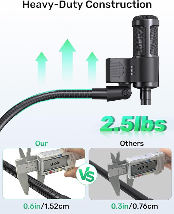19" Flexible Gooseneck Mic Stand with Desk Clamp【Heavy Duty】, Dual Holder | Upgraded Desk Clamp, 2 Mic Holders, 1/4" and 3/8" Adapters, Ideal for Gaming, Live Streaming, Podcast, Conference, and Podium - Image 4