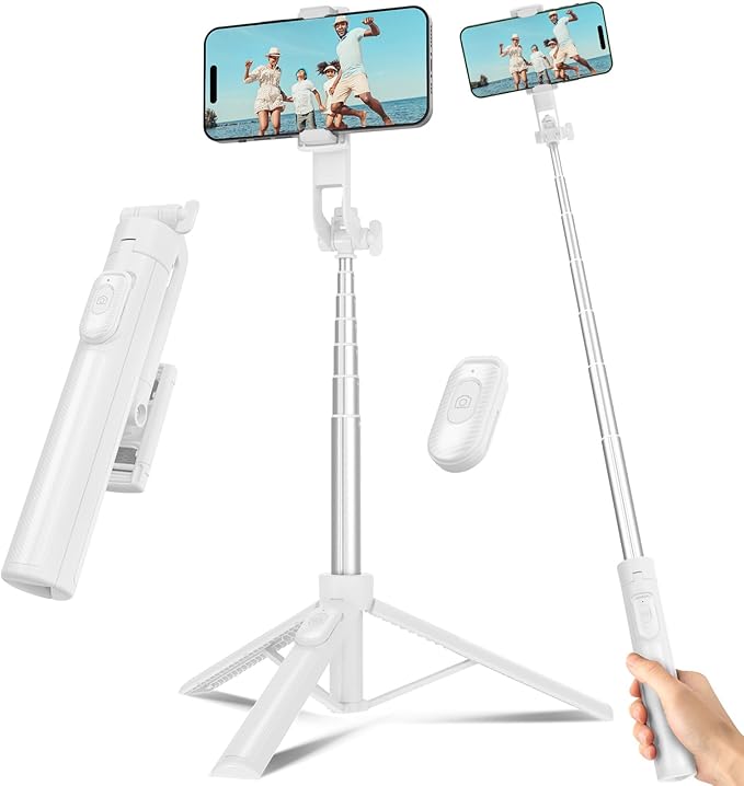 Selfie Stick Tripod for Phone with Remote Control & Holder, 50 Inch, White | Extendable Selfie Stick Travel for iPhone, iPhone Tripod for Video Recording by Liphisy