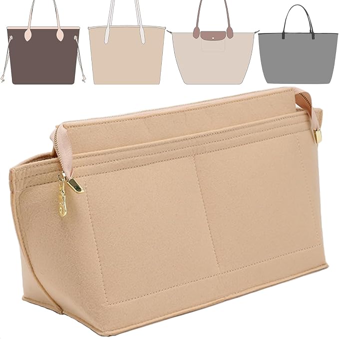 Doxo Purse Organizer Insert for Handbags, Felt Neverfull MM Organizer Insert with Cover, Tote Bag Organizer with Zipper Pocket and Bottle Holder, Fit Neverfull MM and More, Beige-L - Image 2