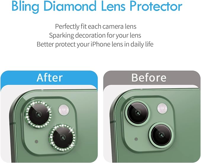 iPhone 13/13 Mini Camera Lens Protector Bling Diamond, Alpine Green | Individual Metal, 9H Hardness, Scratch Resistant, Shockproof, Drop Protection, Case Friendly, Stylish Accessories - Image 6