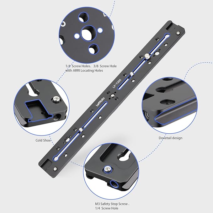 LEFTFOTO 350mm Double Dovetail Slide Rail with Arca Swiss Quick Release Plate,Locating Hole for ARRI,1/4" & 3/8" Threads,Cold Shoe - for DSLR Camera Tripod Ballhead - Image 3