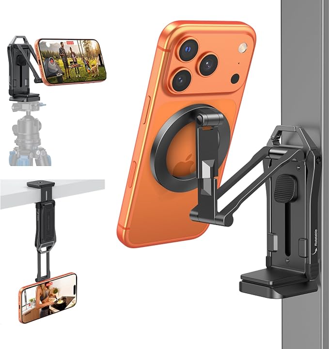 OMOTON TP02-Pro 5 in 1 Magnetic Phone Holder for Vlogging Essentials, Black | Arca-type Base with a 1/4" Screw Hole, Selfie Stick with Rear Attachment Plate, for iPhone 12-17 Series, Gym Kitchen Travel by OMOTON