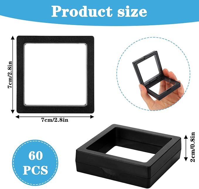 Molain 80 Pcs Coin Holder Challenge Coin Display Stand, 3D Floating Display Case 2.8 x 2.8 x 0.8 Inch Clear Film Jewelry Storage Box, Coins Case Frame Stand for Challenge Coins Fossils - Image 2