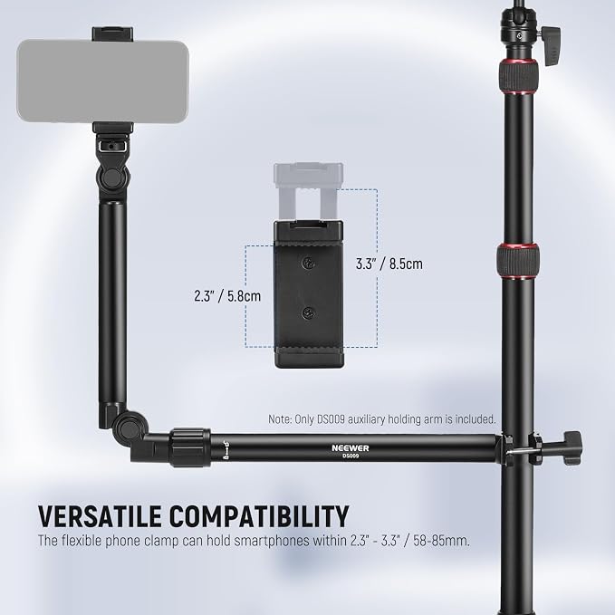 NEEWER Overhead Camera Mount Arm with Phone Clip, 22"/56cm 180°&360° 2 Section Flexible Holding Arm for Desk Stand, Fits 0.87"-1.1" Tube, 5.5lb/2.5kg Max Load for Camera LED Ring Light Mic, DS009 | 22"/56cm Clamp on Flexible Holding Arm for Desk Stand,... - Image 5