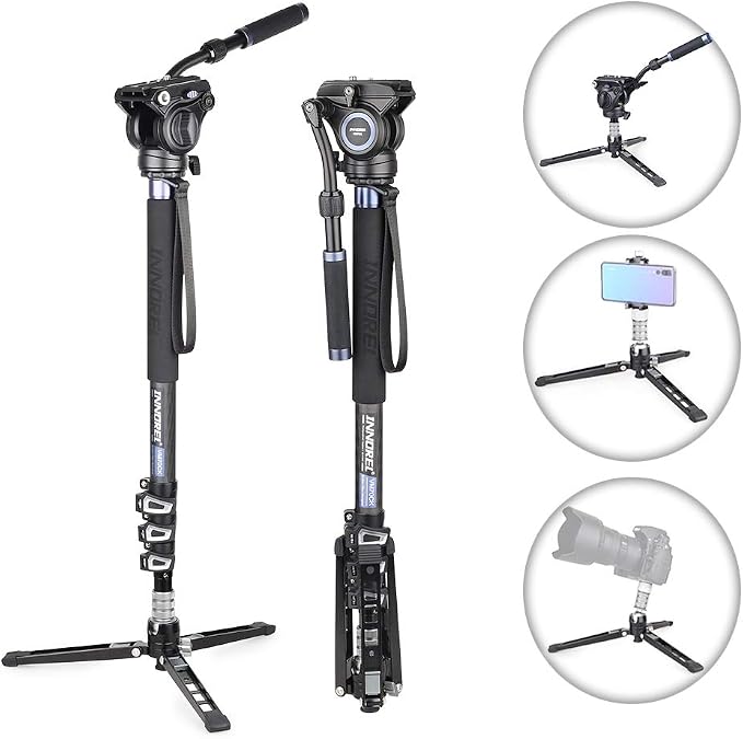 Carbon Fiber Video Monopod Kit-VM70CK Professional Hydraulic Fluid Head Monopod Removeable Multifunctional Travel Tripod Stand for Gopro DSLR Camera Telescopic Camcorders, Max Load 13 pounds/6 kg by INNOREL