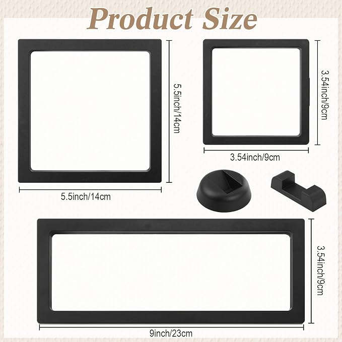 Harloon 12 Pcs 3D Floating Display Case, Black, 3 Size, Square | 3D Floating Frame for Challenge Coins, Medallions, Fossils, Gemstones, Jewelry, Collectibles Shadow Box Display Holder - Image 2