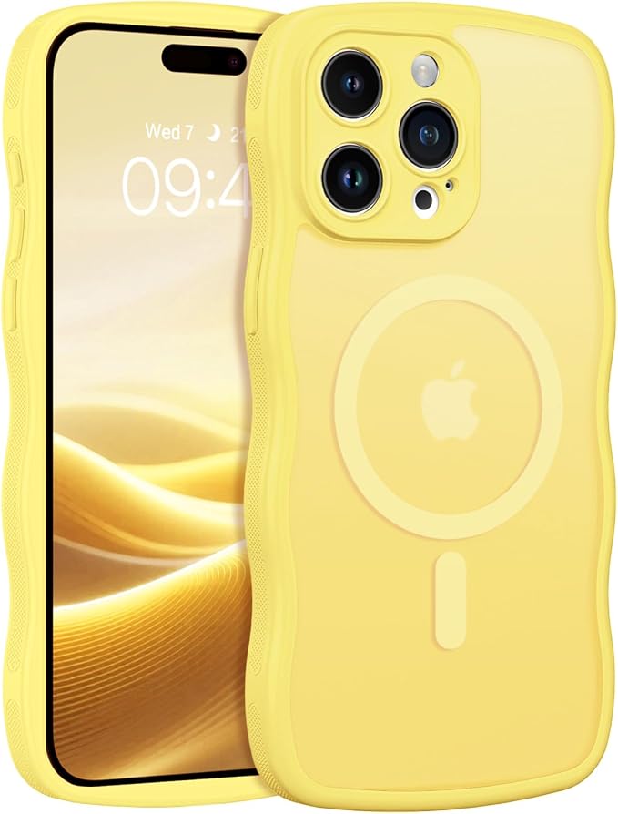 BENTOBEN Magnetic for iPhone 15 Pro Max Case, Cute Wavy [Full Camera Protection][Compatible with MagSafe] Matte Anti-Slip Bumper Women Men Boys Protective Cover for 15 ProMax 6.7", Yellow by BENTOBEN