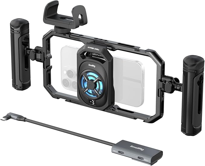 SMALLRIG All-in-One Cooling Dual Handle Phone Cage Kit for iPhone 17/16/Android, 15W Active Cooler & 4-in-1 USB-C Hub, Universal Compatibility 2.5-3.1" Phones, for Live Streaming- 5276 by SmallRig