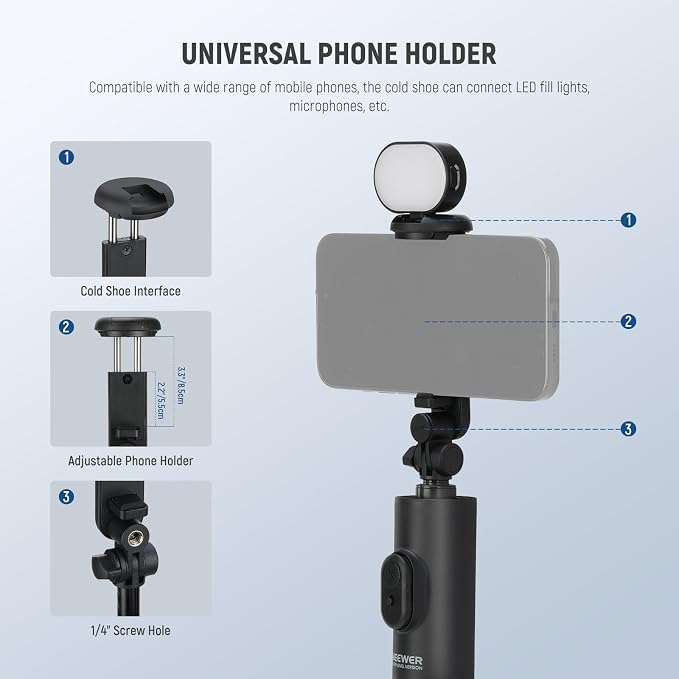 NEEWER Entry Level Version Selfie Stick Tripod with Light & Remote Compatible with iPhone Samsung Android, 67" Extendable Portable Travel Cell Phone Holder Stand for Video Recording Filming, PA987 - Image 6