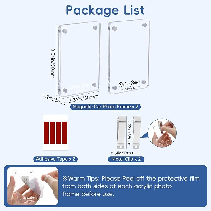 2 Pack Car Picture Holders for Father Visor Clip Photo Frame Acrylic Magnetic Picture Frames Drive Safe Daddy Personalized for Cars Display Memorial Family Couple Pet Wallet Size Photos 2.4 × 3.5 inch - Image 8