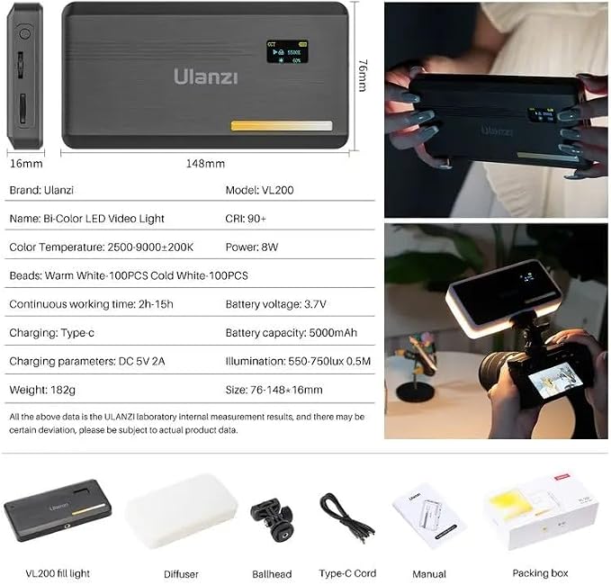 Ulanzi VL200 Camera Light, Bi-Color LED On-Camera Video Lights, 2500-9000K | Type-C Rechargeable 5000mAh, With Tilt Cold Shoe Mount, Soft Diffuser, 0-100% Dimmable, for Portrait Photography Vlogger - Image 8
