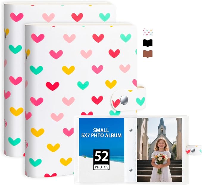 2 Pack Small Photo Albums 5x7 Pictures, 104 Photos Total, White | Leather Cover, Buckle Design, Acid-Free Pages, Top-Loading Pockets, Compact Carry, Photos Postcards & Artwork by Xfveiwoo