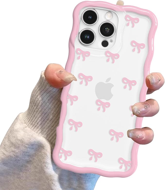 QLTYPRI for iPhone 14 Pro Pink Bow Case, Clear Cute Pink Ribbon Bow Phone Case Curly Wavy Aesthetic Phone Cover, Soft Slim Transparent TPU Shockproof Protective Cover for Women Girls - Tiny Bow - Image 7