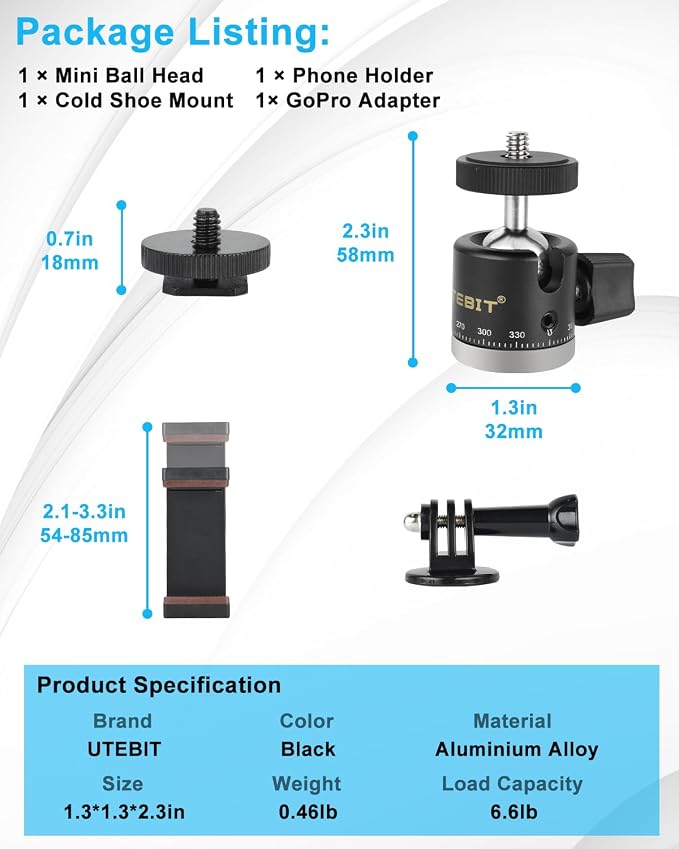 UTEBIT Panoramic Tripod Head with 1/4" Camera Hot Shoe Mount, Black | Mini Ball Head DSLR Camera Mount Adapter Photograph Attachment Accessories for Action Cameras Cam Smartphone Light Microphone - Image 2