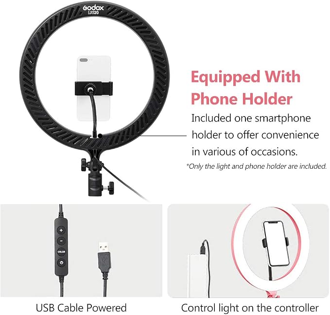 GODOX LR120 12 Inch LED Ring Light Photography Light Fill-in Light 3000K-6000K Bi-Color Temperature Adjustable Brightness USB Powered with Phone Holder for Live Streaming Selfie Makeup Photography - Image 6