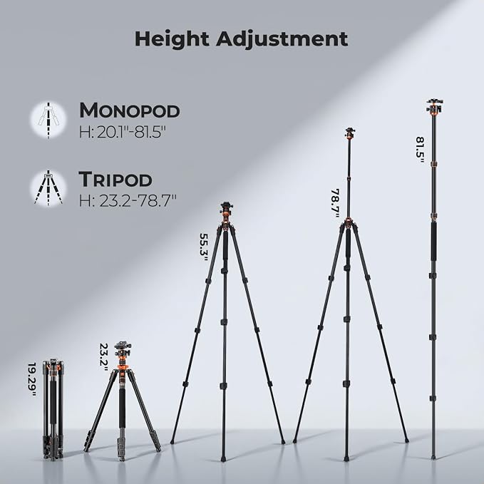 K&F CONCEPT 78" Aluminum Camera Tripod | 81" Monopod, 22lb Max Load, for DSLR/Spotting Scope/Camcorder, Heavy Duty Travel Tripod, O234A7+BH-28L - Image 2