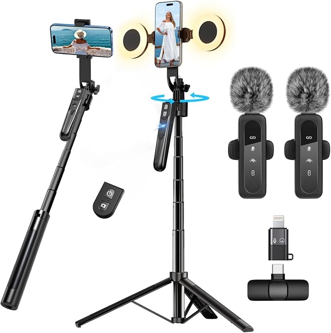 Content Creator Vlogging Kit for iPhone/Android,70-inch Auto Face Tracking Tripod for iPhone with Light and Wireless Microphones,TikTok/YouTube Starter Kit by YUANRAN