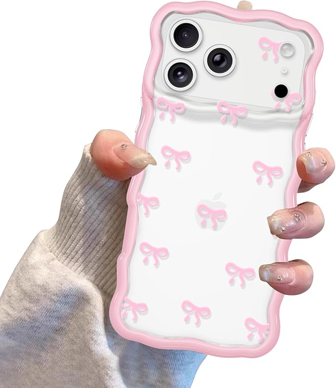 QLTYPRI for iPhone 17 Pro Pink Bow Case, Clear Cute Pink Ribbon Bow Phone Case Curly Wavy Aesthetic Phone Cover, Soft Slim Transparent TPU Shockproof Protective Cover for Women Girls - Tiny Bow - Image 7