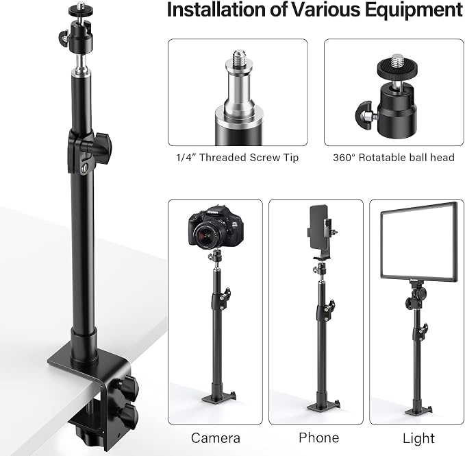 2-Pack Camera Desk Mount Stand with 1/4" Ball Head and Cold Shoe Mount Adapter,12.9-22" Tabletop Mounts Stand, Adjustable Aluminum Desktop Light Stand, for DSLR Camera, Ring Light, Video Light - Image 2