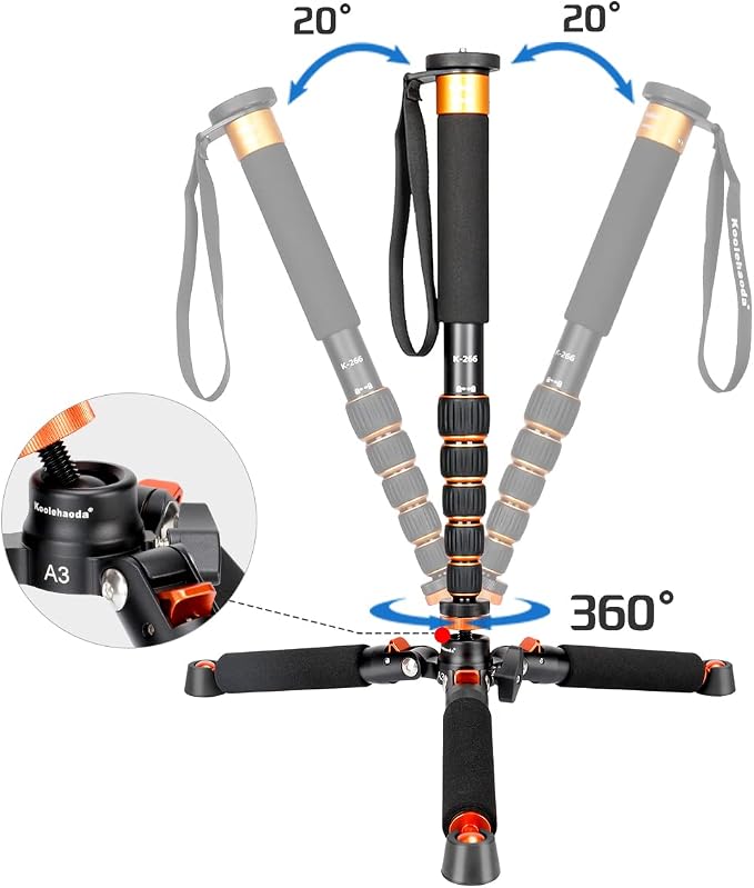 Koolehaoda 69" Aluminum Camera Monopod with Tripod Base, 6 Sections | 6-Section Adjustable Height 18"-69", Φ28mm Leg, Metal Tripod Base, Load Capacity 13lbs/6kg, for DSLR Mirrorless Camera - Image 2