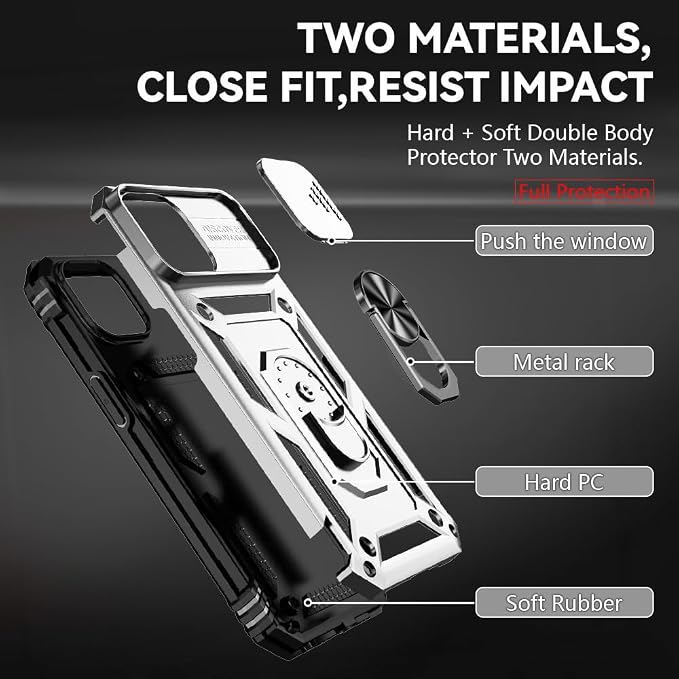 HNHYGETE for iPhone 15 Case with HD Screen Protector: [Military Grade 20ft. Drop Tested] Ring Shockproof Protective Phone Case for - iPhone 15 Silver - Image 5