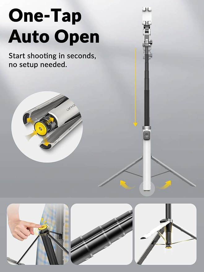 AOCHUAN M3Pro 4-in-1 Phone Gimbal Stabilizer for iPhone, AI Tracking | No App Face Tracking, Built-in Auto-open Tripod, 70.9" Extension Rod, RGB Light, Magnetic Remote, TikTok, Vlog, White - Image 2