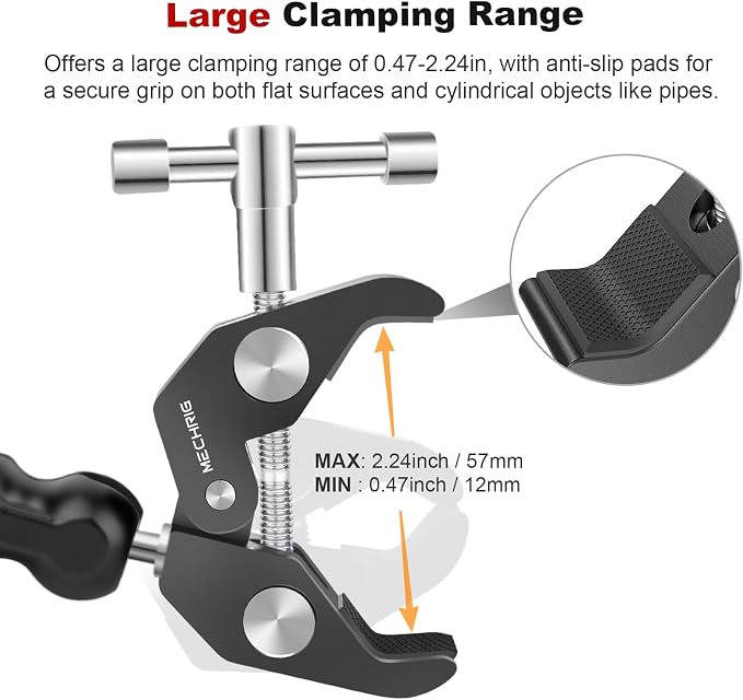 Camera Clamp Mount with Dual Ballhead Magic Arm, Aluminum Camera Mount Super Clamp Kit for DSLR Action Camera/Phone/Monitor/LED Light/Microphone, for Desk/Tripod/Tube/Crossbar (SY001) - Image 7