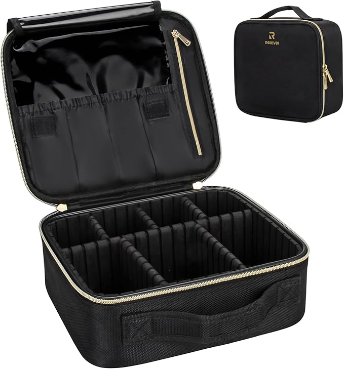 Relavel Travel Makeup Train Case Makeup Cosmetic Case Organizer Portable Artist Storage Bag with Adjustable Dividers for Cosmetics Makeup Brushes Toiletry, Black with Gold Zipper by Relavel