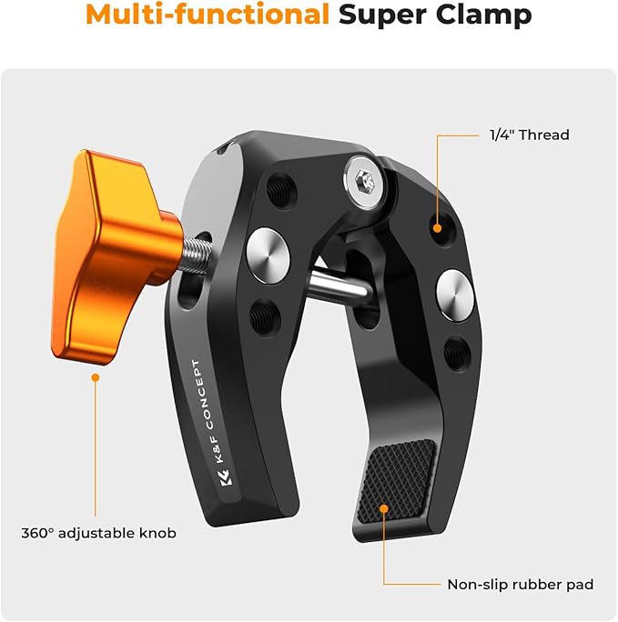 K&F CONCEPT Camera Mount Clamp, Super Crab Clamp with 1/4" Thread Holes | 60mm Max Opening for Round Pipe Flat Surface, Monitors, LED Lights, and Other Photographic Accessories, MS15 - Image 2