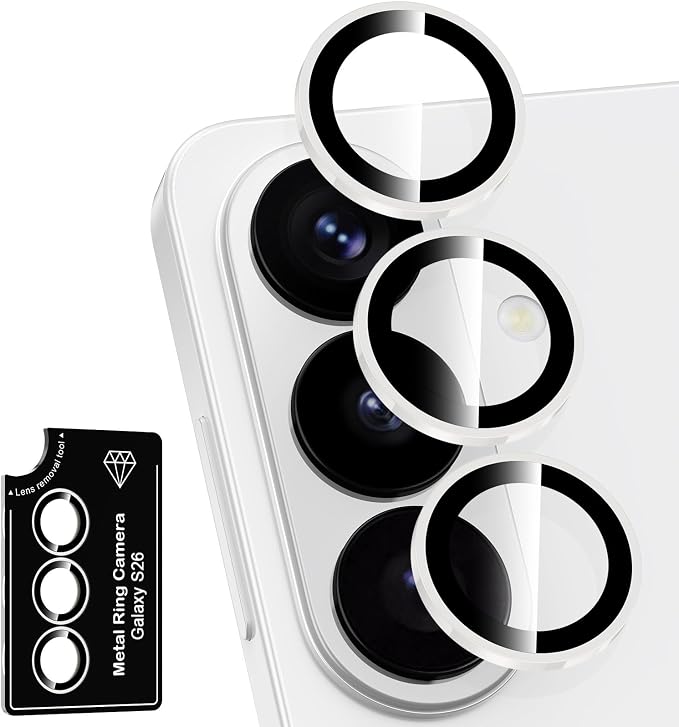 for Samsung Galaxy S26 Camera Lens Protector, Individual Metal Ring Tempered Glass Lens Cover, [Strong Adsorption] Scratch Resistant Ultra-Thin HD Clear Lens Cover, 1 Set-White Shine by Btscase