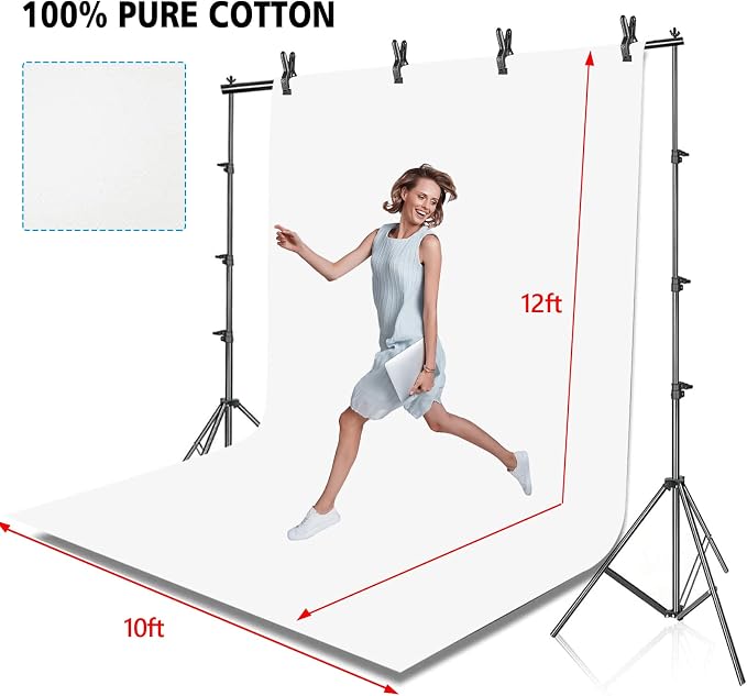 Photo Background Support System with 10 x 10ft Backdrop Stand Kit,10 x12ft 100% White Cotton Muslin Backdrop,Clamp,Carry Bag for Photography Video Studio - Image 2
